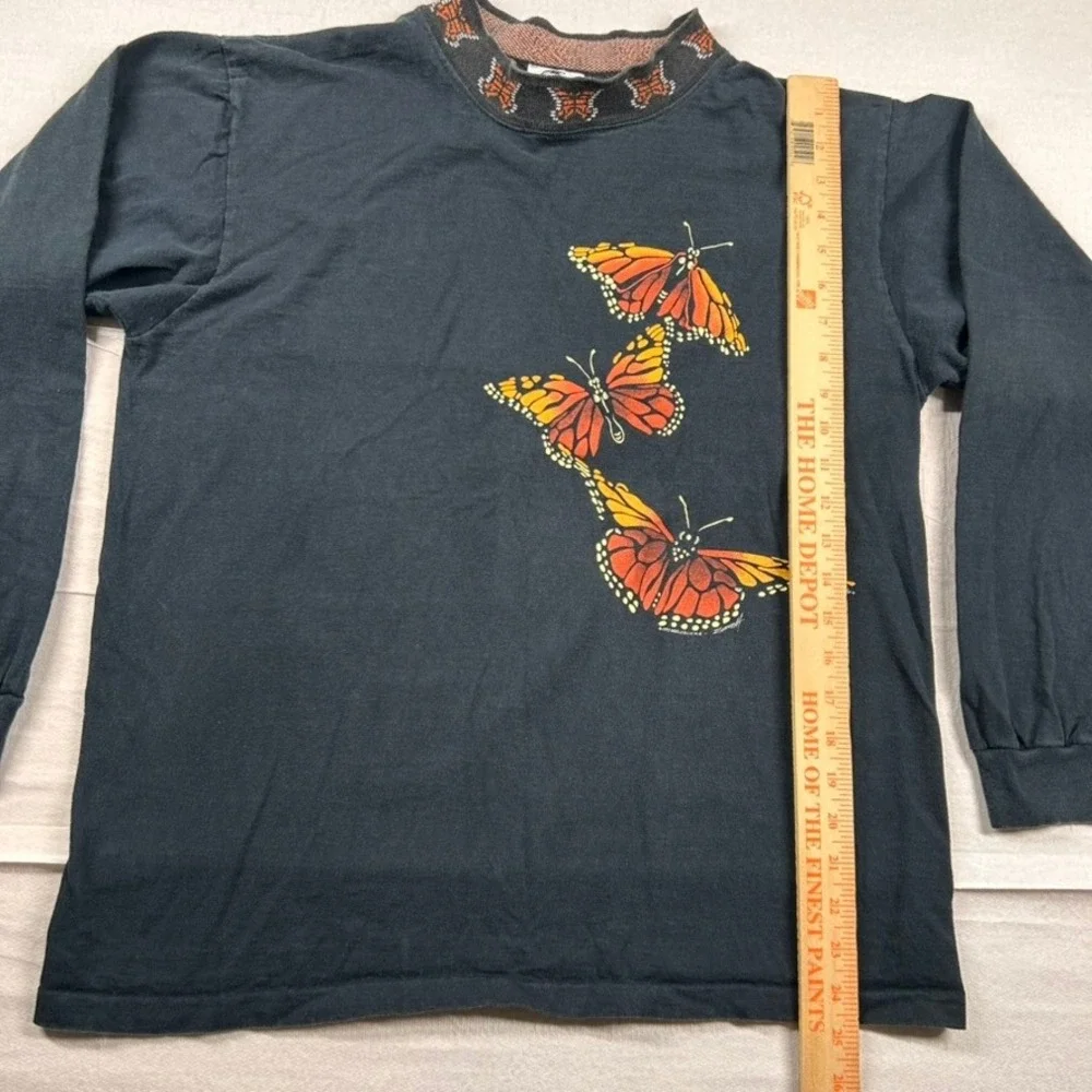 Vintage Harlequin Shirt Womens L Butterfly Knit Collar Long Sleeve Black USA 90s